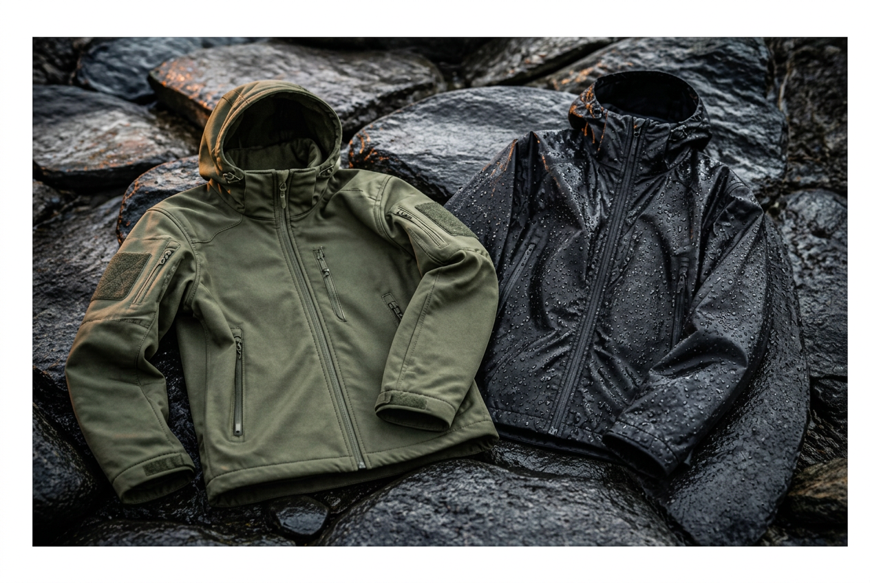 Tactical softshell jacket and waterproof hardshell jacket on wet slate rock