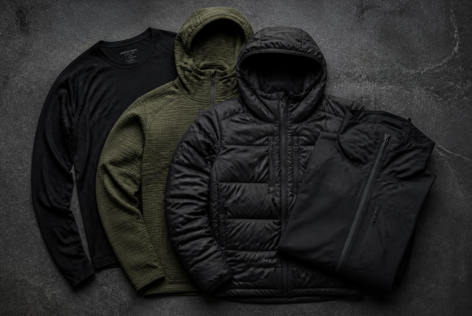 Base layer, grid fleece, insulated puffy and hardshell laid out as a duty layering system