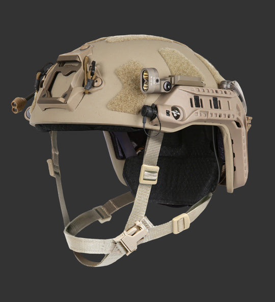 OPS-CORE RAILINK Power and Data ARC Rails in Tan 499 – side view of mounted rail system on FAST helmet