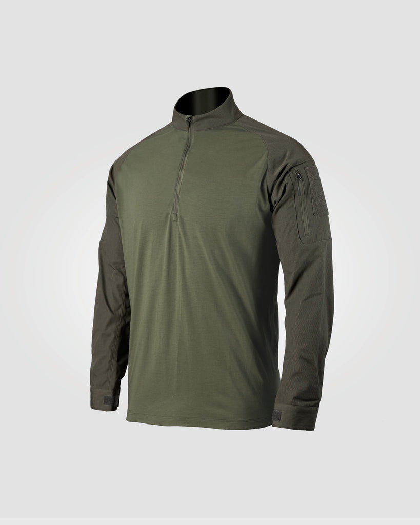 Frontal studio photo of the Tomahawk Performance HW / Combat Shirt in Ranger Green, a full featured hot weather combat shirt.