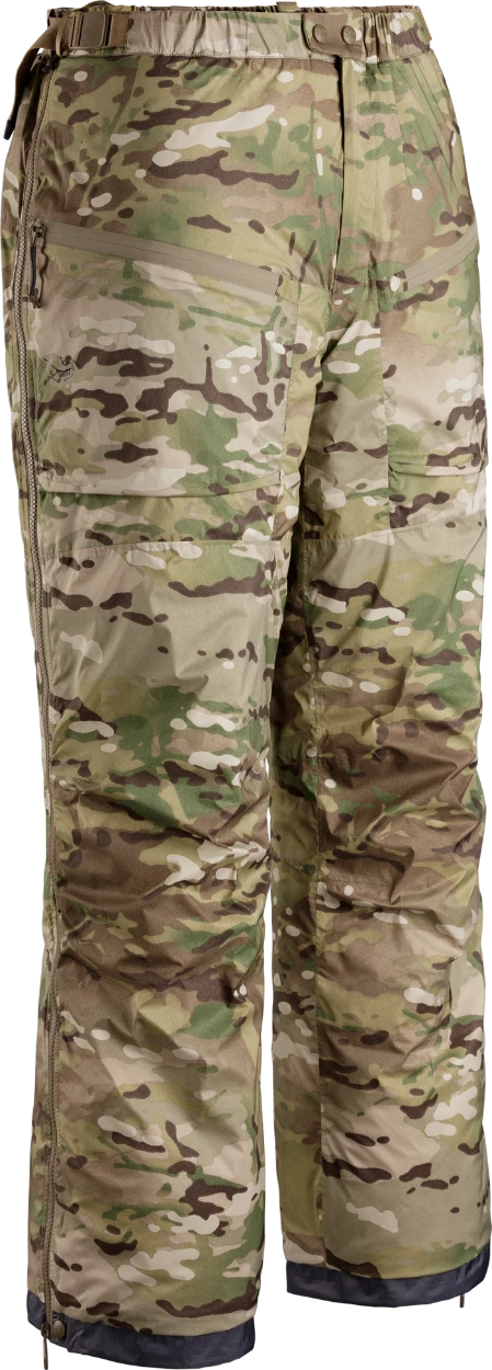 Camouflage snow pants in a multi-terrain pattern of green, brown, and beige, featuring a zippered fly and cargo pockets.