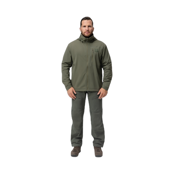 Frontal photo of the Tomahawk Performance Overlayer Anorak, a tactical urban or military use wind jacket/windbreaker layer, in the Ranger Green color way.