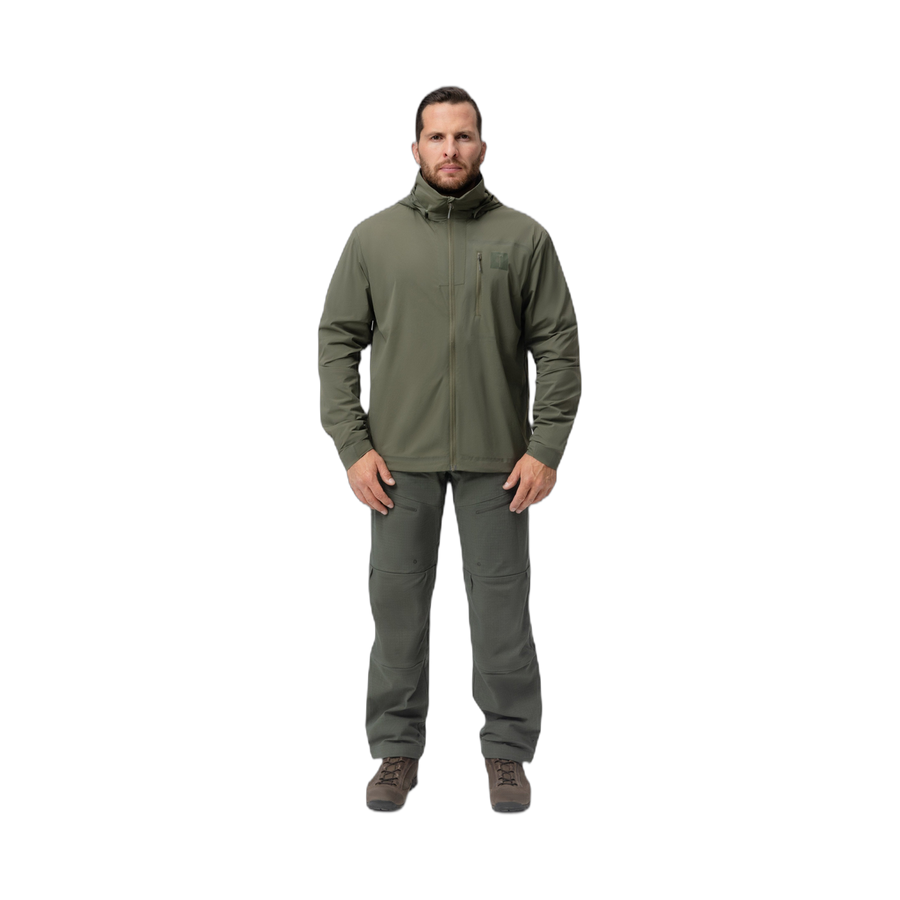 Frontal photo of the Tomahawk Performance Overlayer Anorak, a tactical urban or military use wind jacket/windbreaker layer, in the Ranger Green color way.