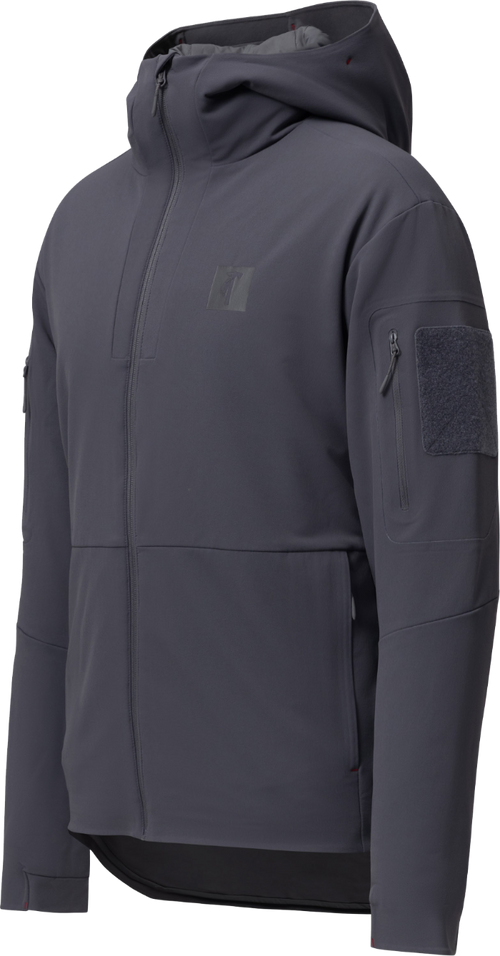 A dark gray hooded tactical jacket with a full zip front, zippered hand pocket, and a textured patch on the upper sleeve, shown on a plain white background.