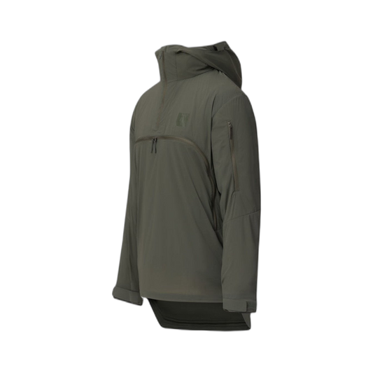 On form photo of the Tomahawk Performance Overlayer Anorak, a lightweight tactical weather protective layer, in Ranger Green.