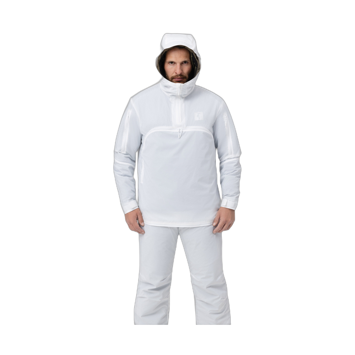 Frontal photo of the Tomahawk Performance Overlayer Anorak, tactical alpine overwhites, in the Overwhite color way, with the hood up.
