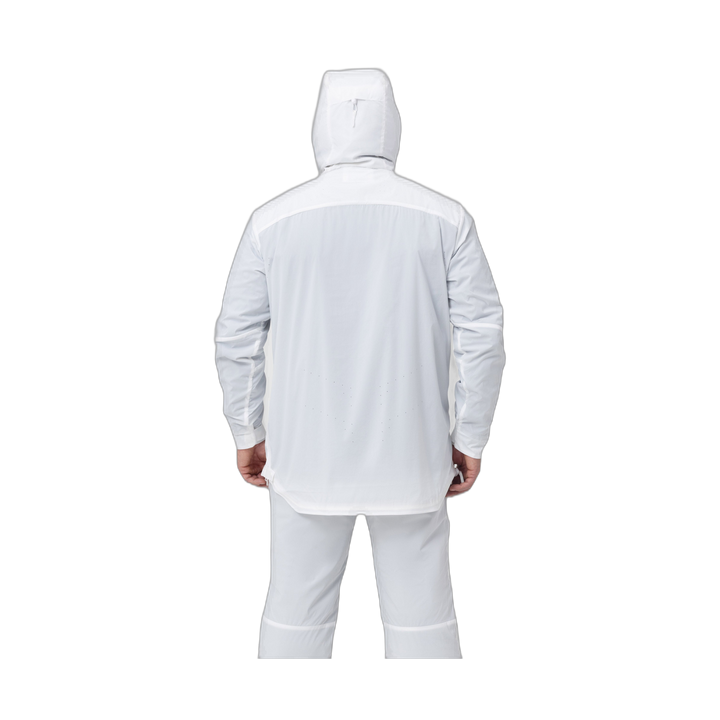 Back photo of the Tomahawk Performance Overlayer Anorak, tactical alpine overwhites, in the Overwhite color way, with the hood up.