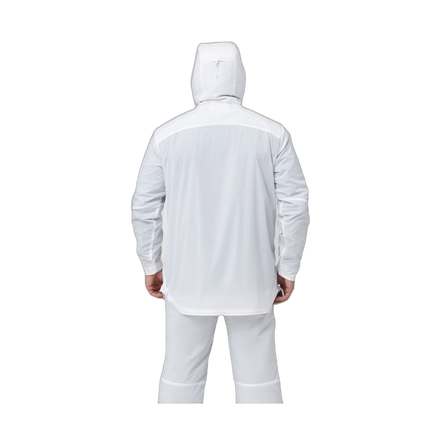 Back photo of the Tomahawk Performance Overlayer Anorak, tactical alpine overwhites, in the Overwhite color way, with the hood up.