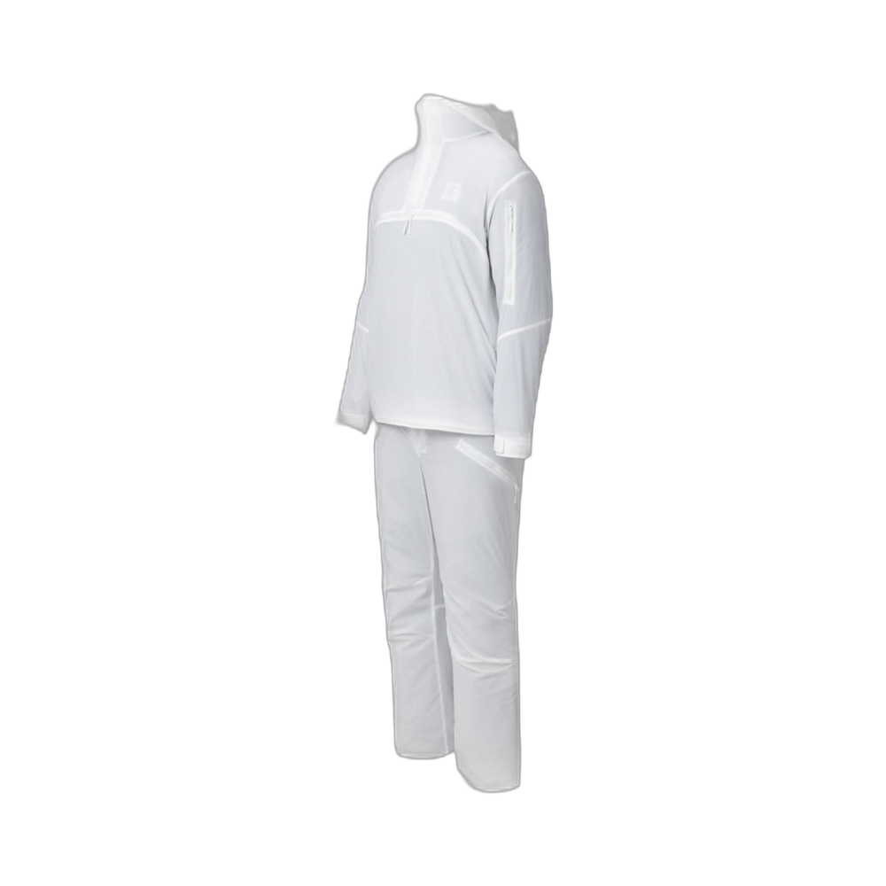 On form photo of the Tomahawk Performance Overlayer Anorak and Overlayer Pants set, a tactical arctic concealment solution, in Overwhite.