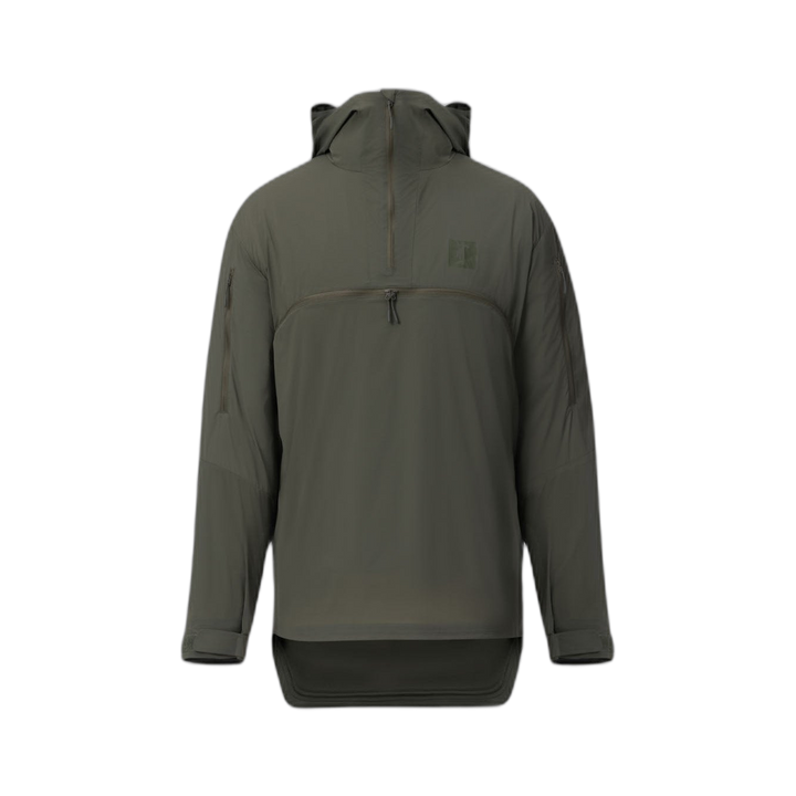 On form frontal photo of the Tomahawk Performance Overlayer Anorak, a lightweight tactical weather protective layer, in Ranger Green.