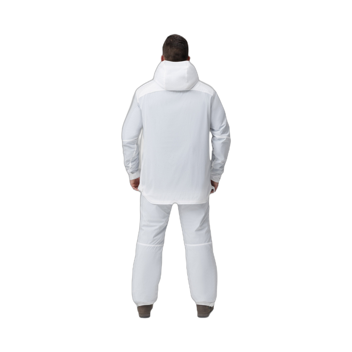 Back photo of the Tomahawk Performance Overlayer Anorak and Overlayer Pants, a tactical alpine overwhites set, in the Overwhite color way.