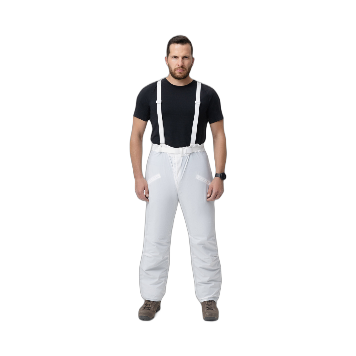 Frontal photo of the Tomahawk Performance Overlayer Pants, tactical alpine overwhites, in the Overwhite color way, showing suspenders.
