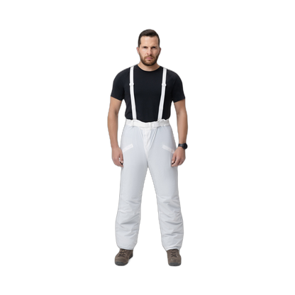 Frontal photo of the Tomahawk Performance Overlayer Pants, tactical alpine overwhites, in the Overwhite color way, showing suspenders.
