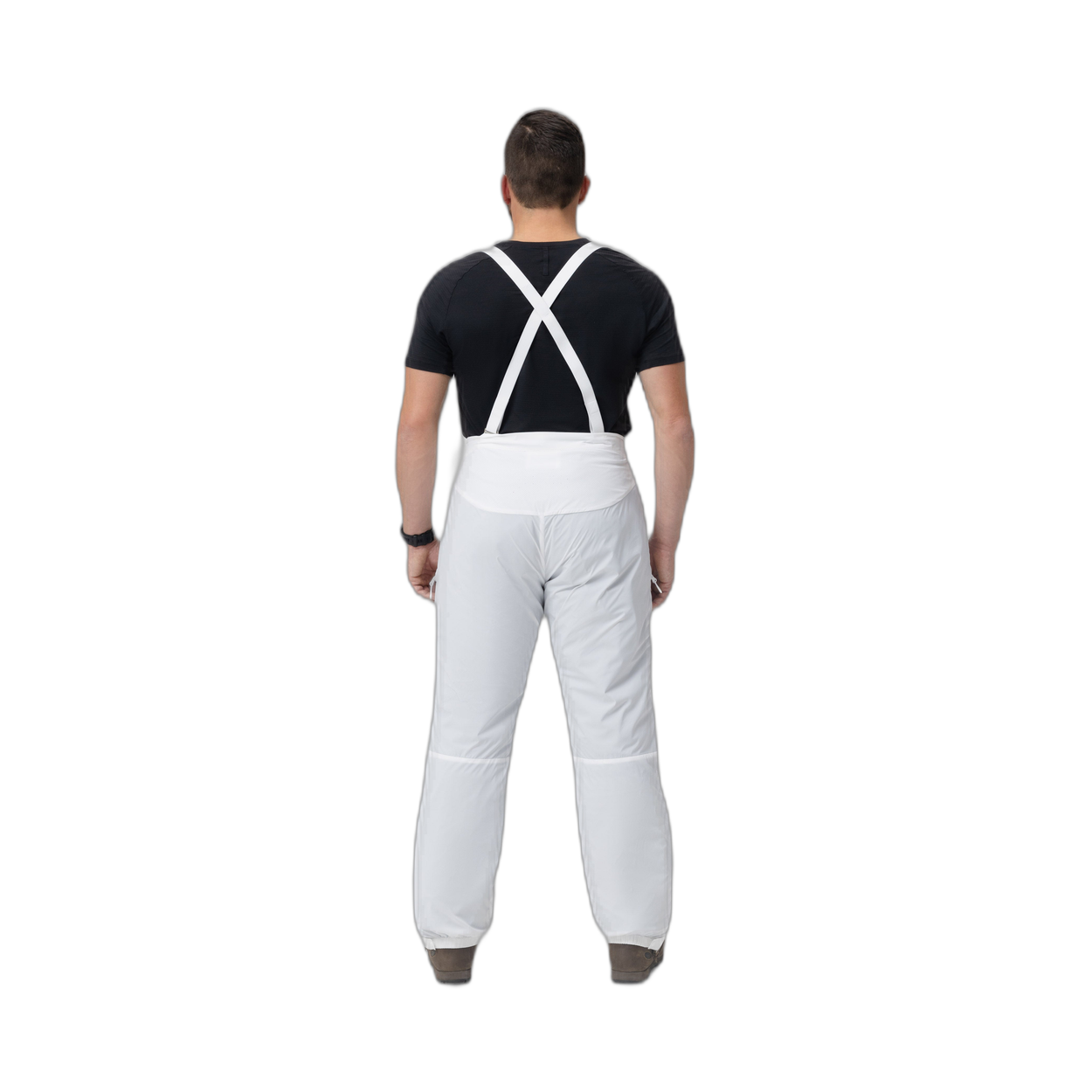 Back photo of the Tomahawk Performance Overlayer Pants, tactical alpine overwhites, in the Overwhite color way, showing suspenders.
