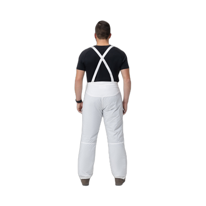 Back photo of the Tomahawk Performance Overlayer Pants, tactical alpine overwhites, in the Overwhite color way, showing suspenders.
