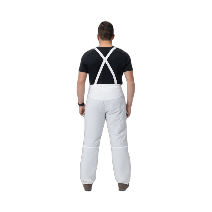 Back photo of the Tomahawk Performance Overlayer Pants, tactical alpine overwhites, in the Overwhite color way, showing suspenders.
