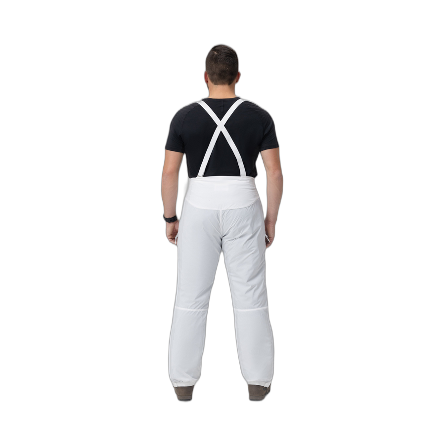 Back photo of the Tomahawk Performance Overlayer Pants, tactical alpine overwhites, in the Overwhite color way, showing suspenders.
