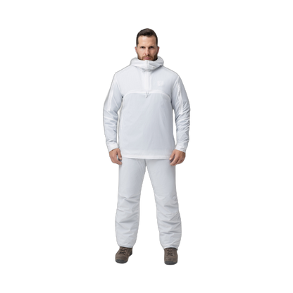 Frontal photo of the Tomahawk Performance Overlayer Anorak and Overlayer Pants, a tactical alpine overwhites set, in the Overwhite color way.