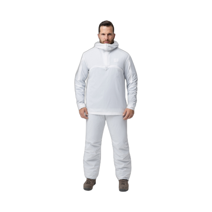 Frontal photo of the Tomahawk Performance Overlayer Anorak and Overlayer Pants, a tactical alpine overwhites set, in the Overwhite color way.