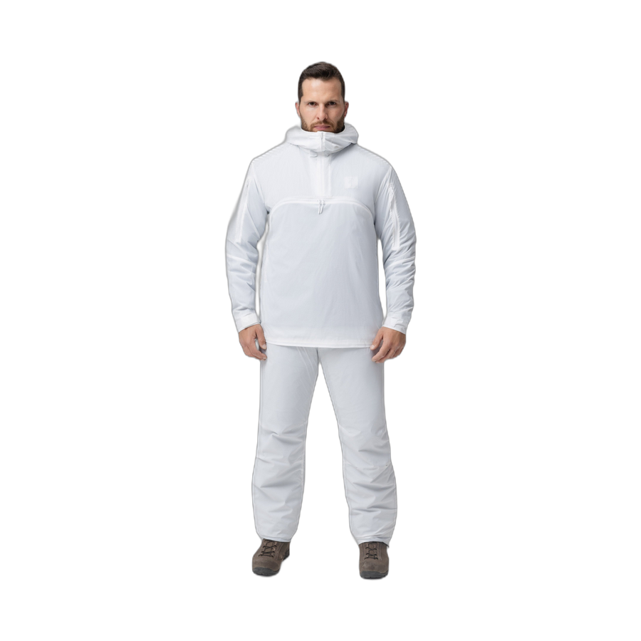 Frontal photo of the Tomahawk Performance Overlayer Anorak and Overlayer Pants, a tactical alpine overwhites set, in the Overwhite color way.