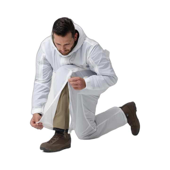 Photo of the Tomahawk Performance Overlayer Pants side zipper being opened for easy donning and doffing.