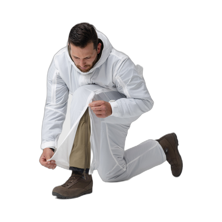 Photo of the Tomahawk Performance Overlayer Pants side zipper being opened for easy donning and doffing.